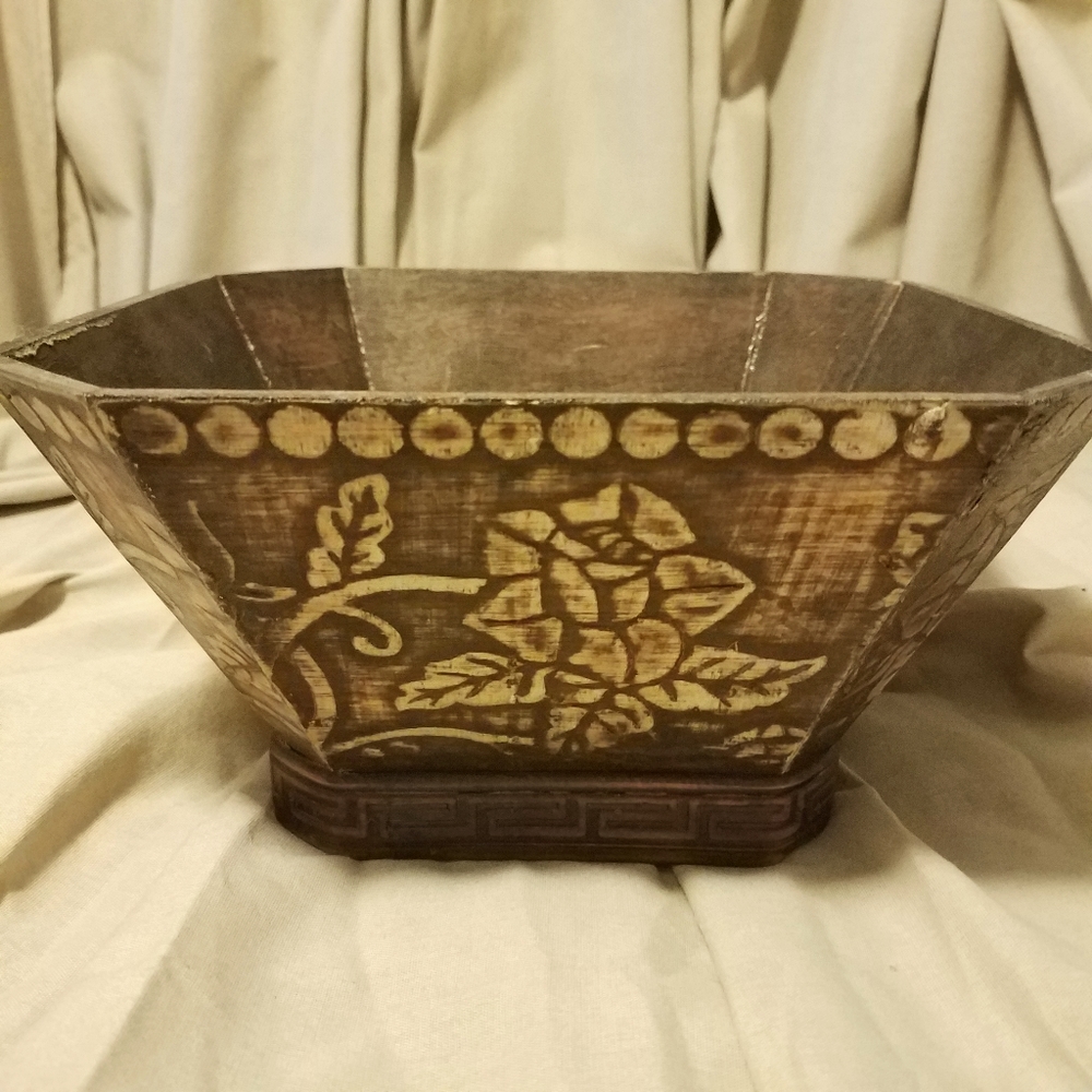 Decorative Burned Wood 8 Sided Bowl